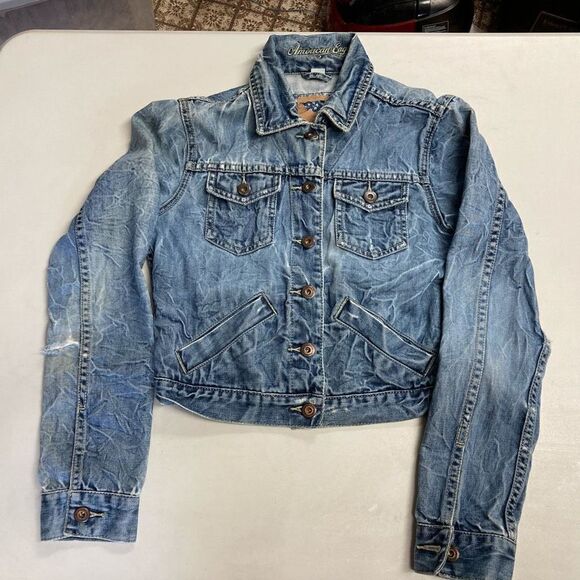 AMERICAN EAGLE OUTFITTERS Women’s Distressed Denim Jacket Size Small Petite - Picture 10 of 10